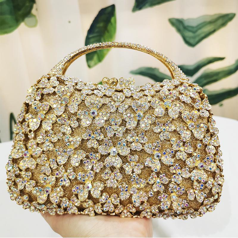 WHTUOHENG Luxury Top-Handle Crystal Evening Bag Blue Rhinestone Flower Handbag Diamond Silver Purse Women's Party Stone Clutch