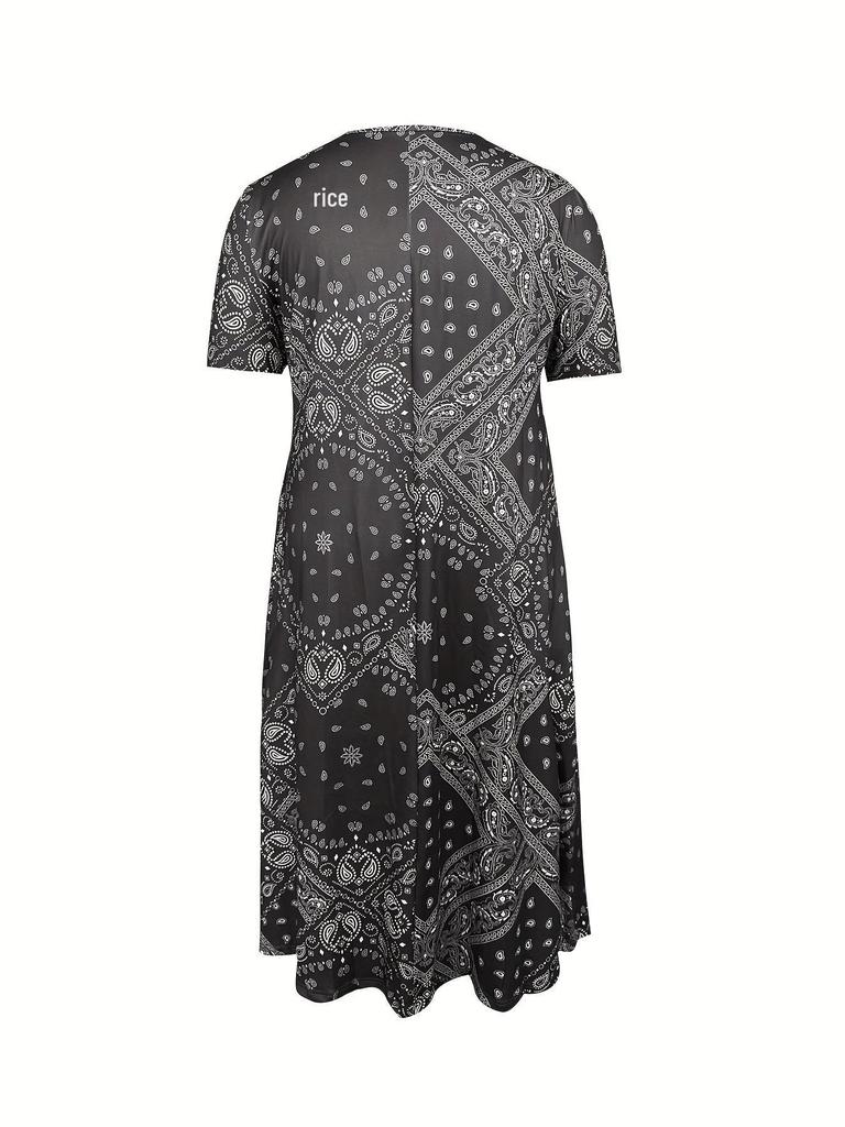 Europäisches & Amerikanisches Sommer Retro Print Mittelhoher Taillenlanger Kleid - Kurzarm, Rundhalsausschnitt, Bequemer Lässiger Stil Pullover