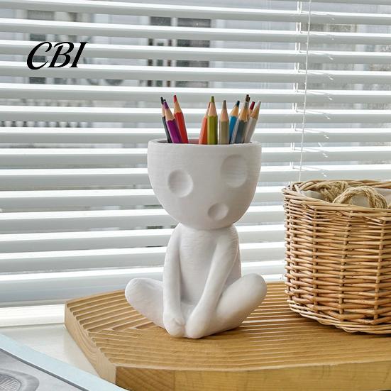 Artistic Pencil Cup for Desk Abstract Character Pen Holder, Resin Sitting Figure Desktop Storage Organizer Office Cup, Multi-functional Makeup Brushes