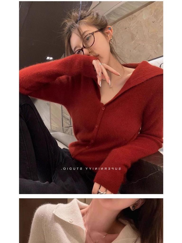Women's French Style Red Knit Cardigan: Short, Long Sleeve, High-End Look for Spring and Autumn