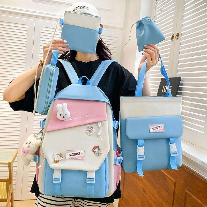 Fashionable Schoolbag Contrast Color Schoolbag Female Primary School Junior High School Student Backpack Campus Five-piece Set Canvas Casual Backpack