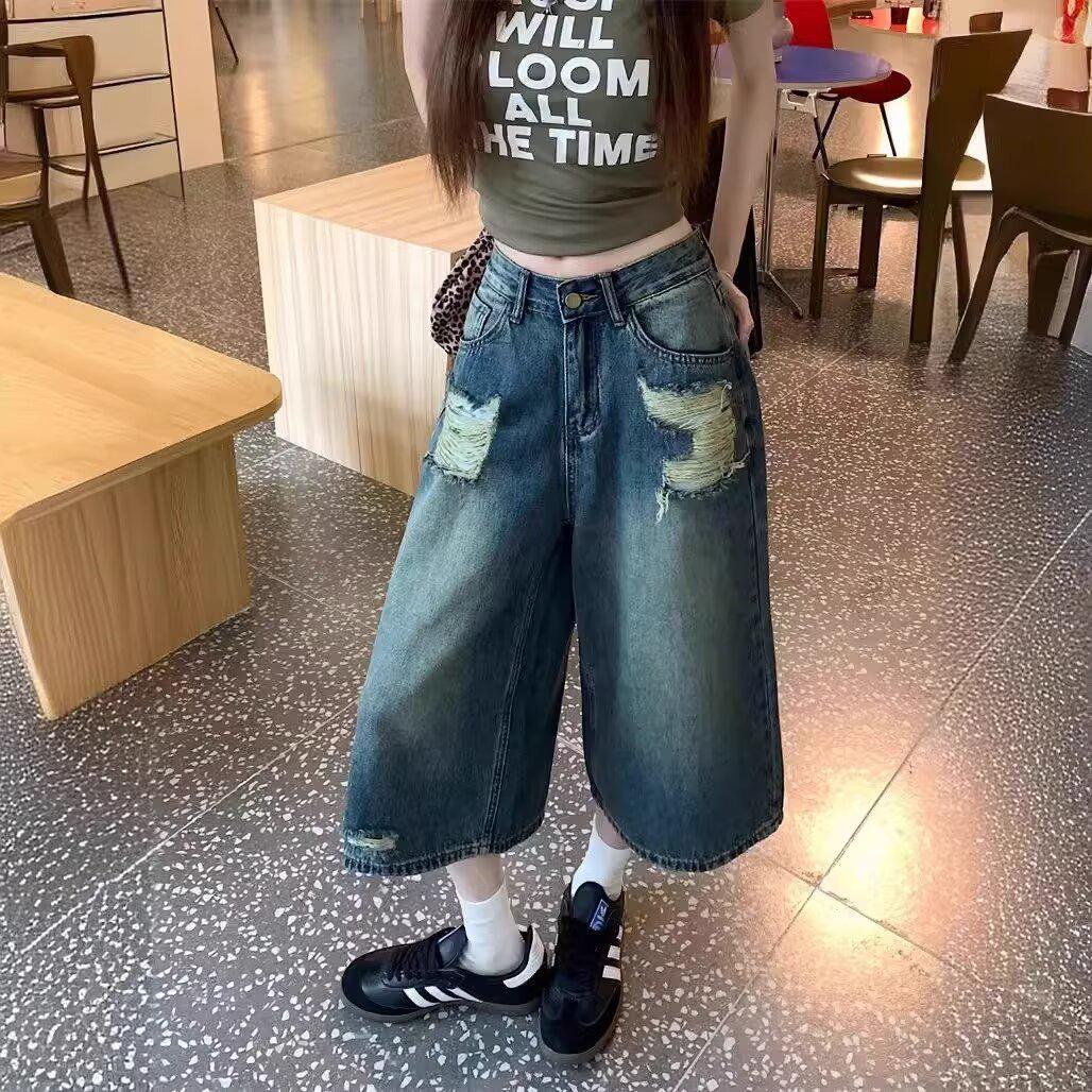 Women s High-Waisted Retro Blue Distressed Wide-Leg Cropped Jeans Extra Large