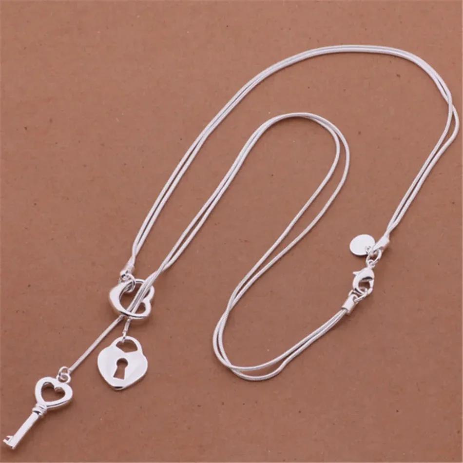 Charms 925 Silver Special Key Love Heart Chain Necklace For Women Wedding Fashion Costume Jewelry Couple Gifts