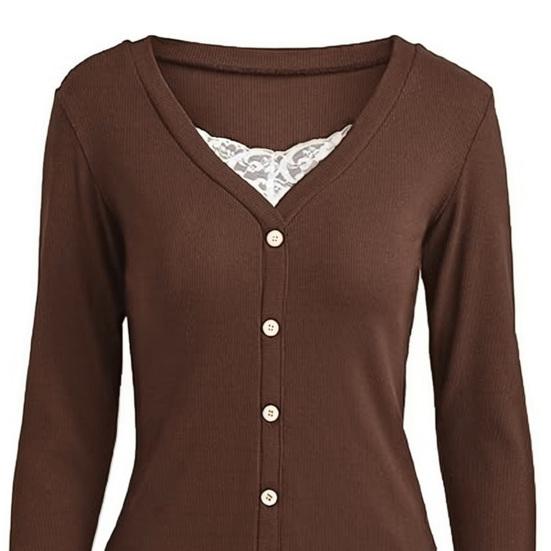 Women Tops V Neck Long Sleeve Lace Splicing Fake Two-Piece Design Blouse Slim Fit Casual Tops Work Party Date Daily Wear
