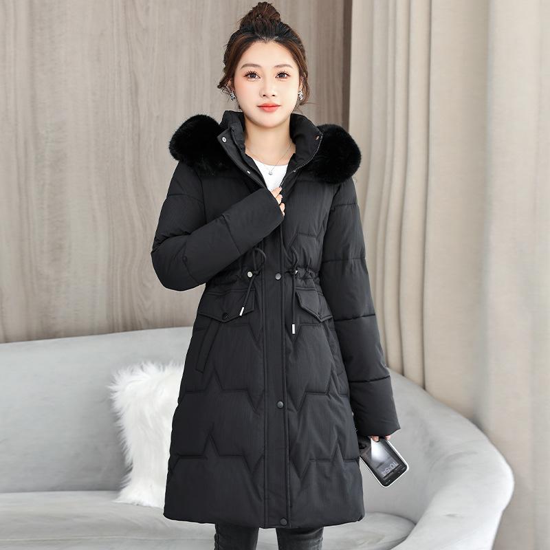 Medium and long slim-fitting large fur-neck cotton-padded clothes, new thin warm cotton-padded clothes, slim-fitting coats.