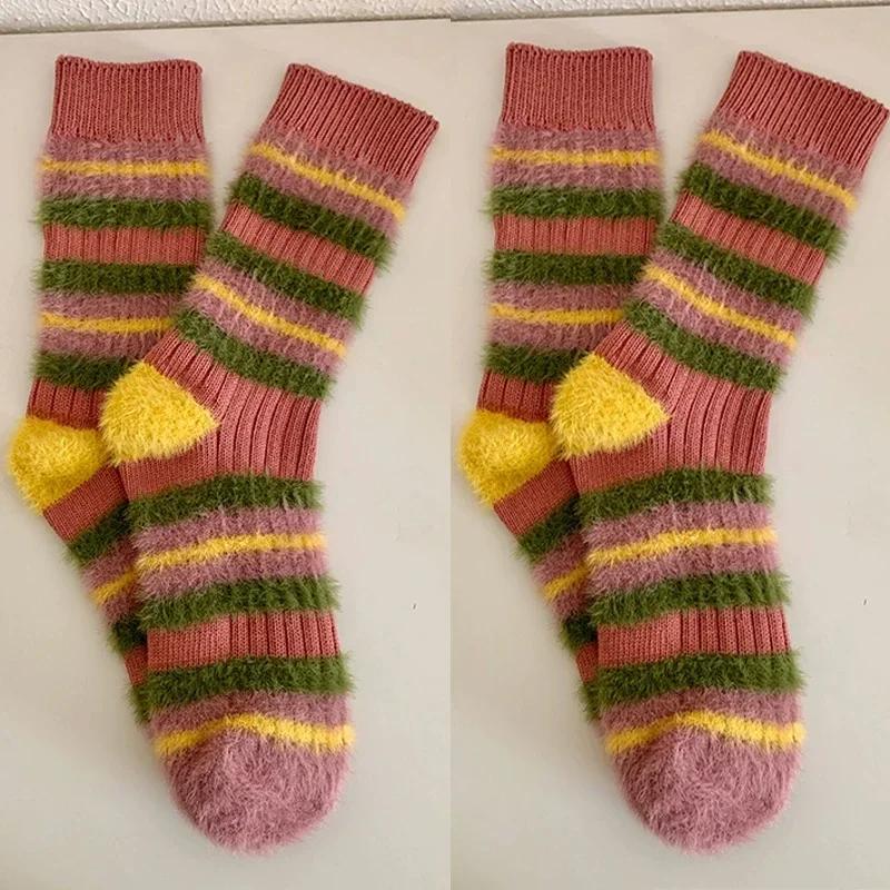 1/2pairs Retro Mink Velvet Striped Knitted Socks Women Girl Winter Fluffy Warm Sock Mid-tube Thick Thread Needles Long Stocking