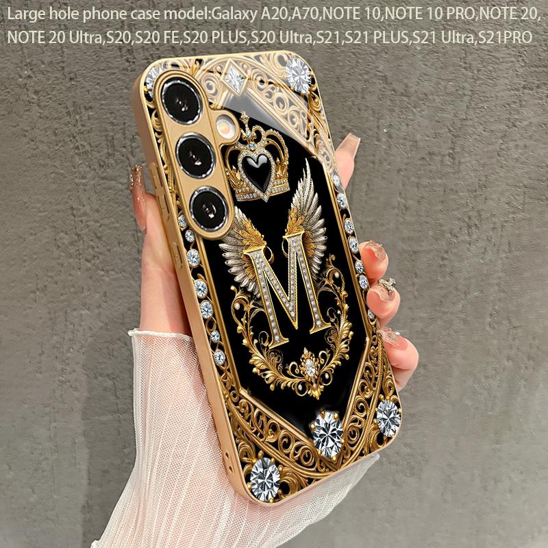Crown M Letter Pattern 2D Phone Case Gold Metal Paint Glass Protective Cover Compatible with Samsung S26 S25 S24 S23 S22 S21 S20