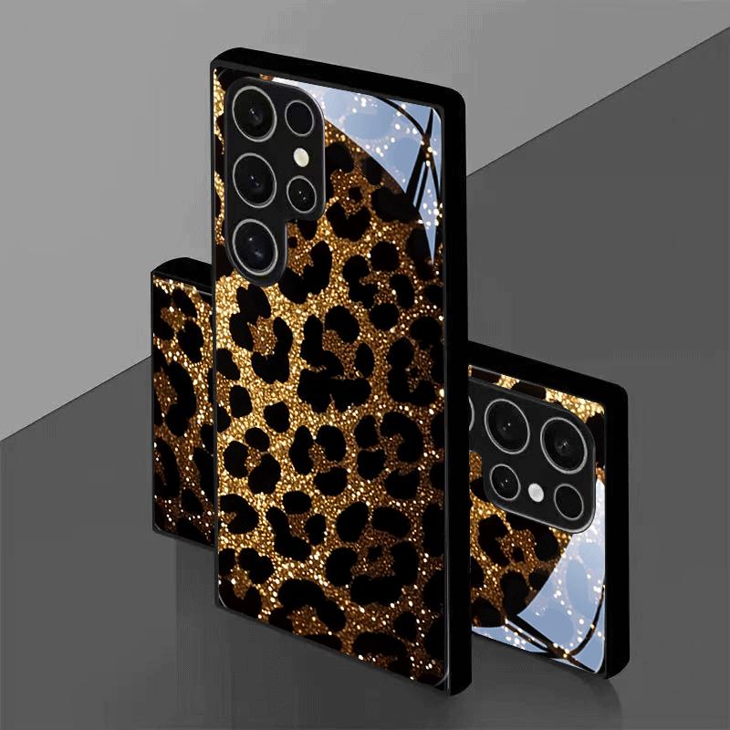 Golden Flash Leopard Pattern Tempered Glass Phone Case Suitable for Samsung GalaxyS26 S25 S24 S22 S21 S20FE/Ultra/Plus Anti Drop