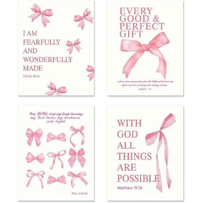 Pink Room Decor Aesthetic Wall Art Prints Poster, 8x10 Inch Canvas Prints Unframed Set of 4 Posters for Teen Girls Bedroom Dorm Decor