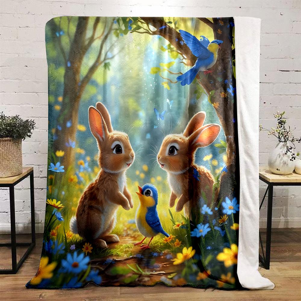 "Forest Friends: Bunnies and Bird" Print Blanket Soft and Cozy Perfect for the Living Room Bed Sofa or a Nap,gift