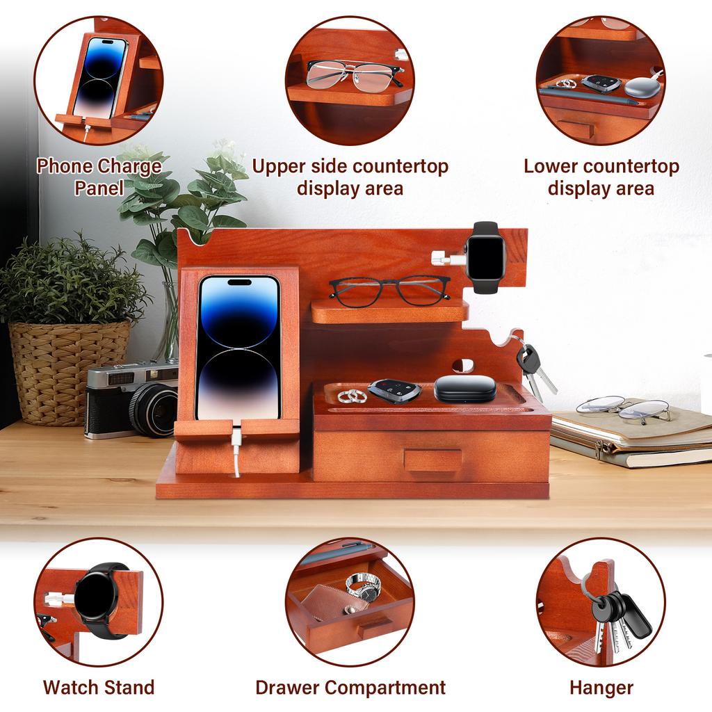 Wood Phone Docking Station with Drawer Bedside Key Wallet Watch Jewelry Stand Storage Rack Desk Organizer Multifunctional