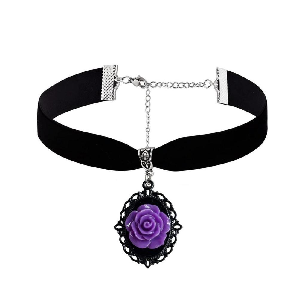 Gothic Temperament Oval Lacework Purple Rose Flower Resin Pendant Velvet Collar Necklace for Women Men Hallowmas Jewelry Gifts