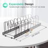 Extendable frying pan rack with 7 compartments, perfect for storing pans, pots, lids, and cutting boards.