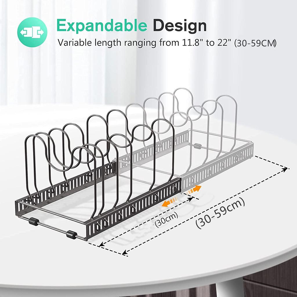 Extendable frying pan rack with 7 compartments, perfect for storing pans, pots, lids, and cutting boards.