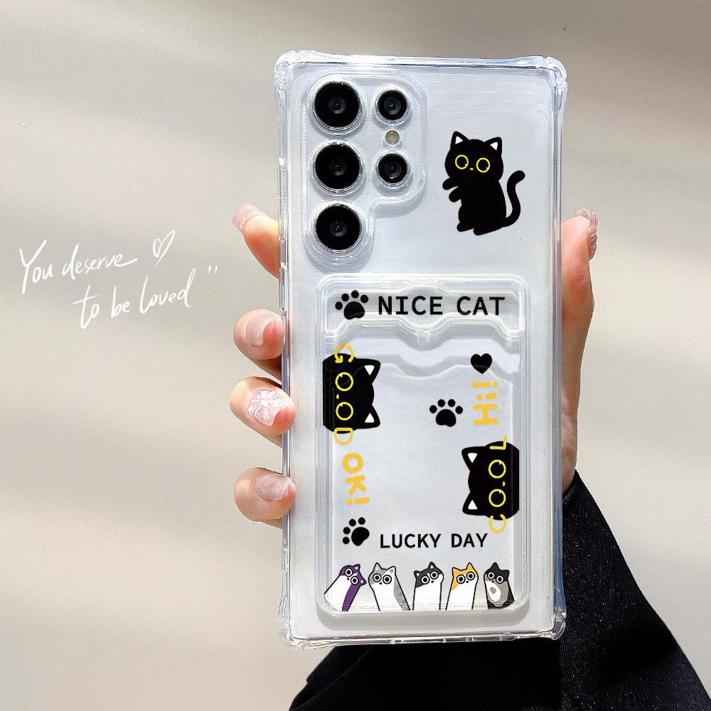 Silicone Cat Card Holder Case For Samsung A06 A05s A05 S24 Ultra S23 Plus S22 S21 S20 FE A10s A10 A04 A03s A04E A03 Funda Cover