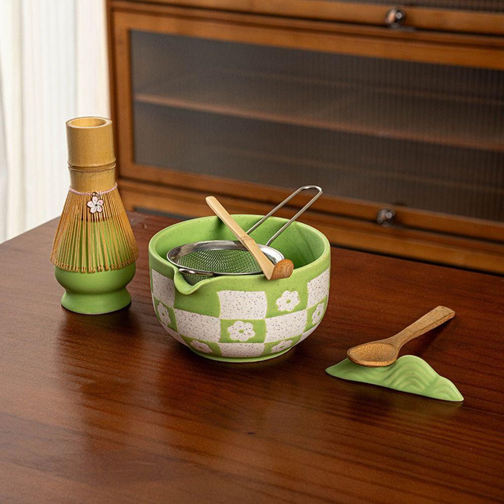 Checkered Sakura Pattern Matcha Whisk Stand Ceramic Green Tea Maker Cup for Tea Set Accessories