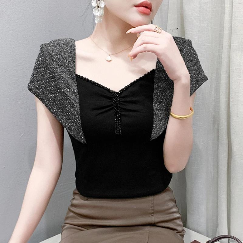 Summer Cotton Tops Streetwear Girl Sexy Square Neck Beading T-shirt Women's Shiny Diamonds Tees