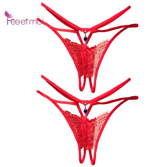 2Pcs Erotic G-String Women Lace Through Hollow Out Open Crotch See Underwear