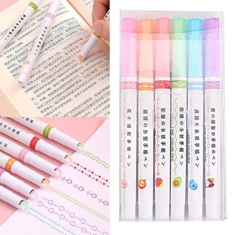 6Pcs/Set Kawaii Flowers Line Shaped Highlighter Pens Roller Tip Curve Liner Marker Writing