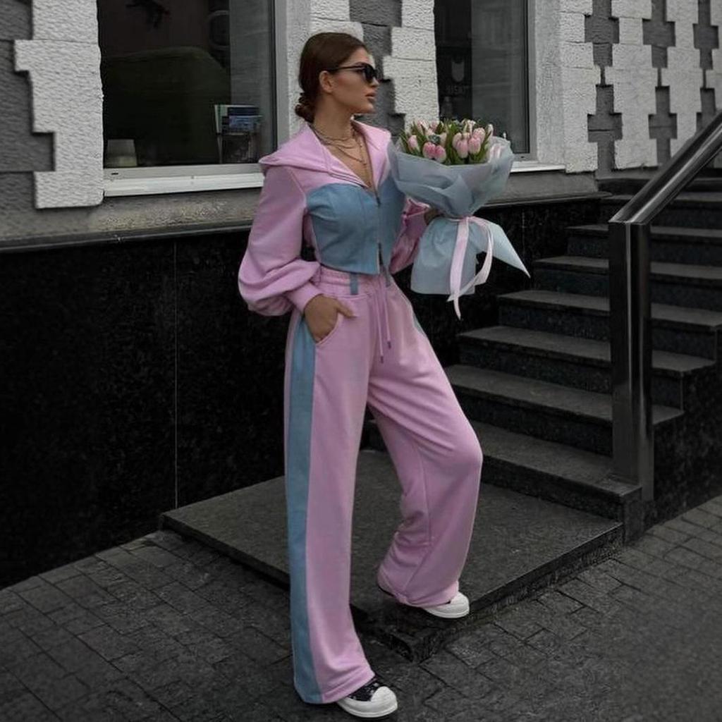 Women's European & American Style Denim Patchwork Hoodie & Sweatpants Set
