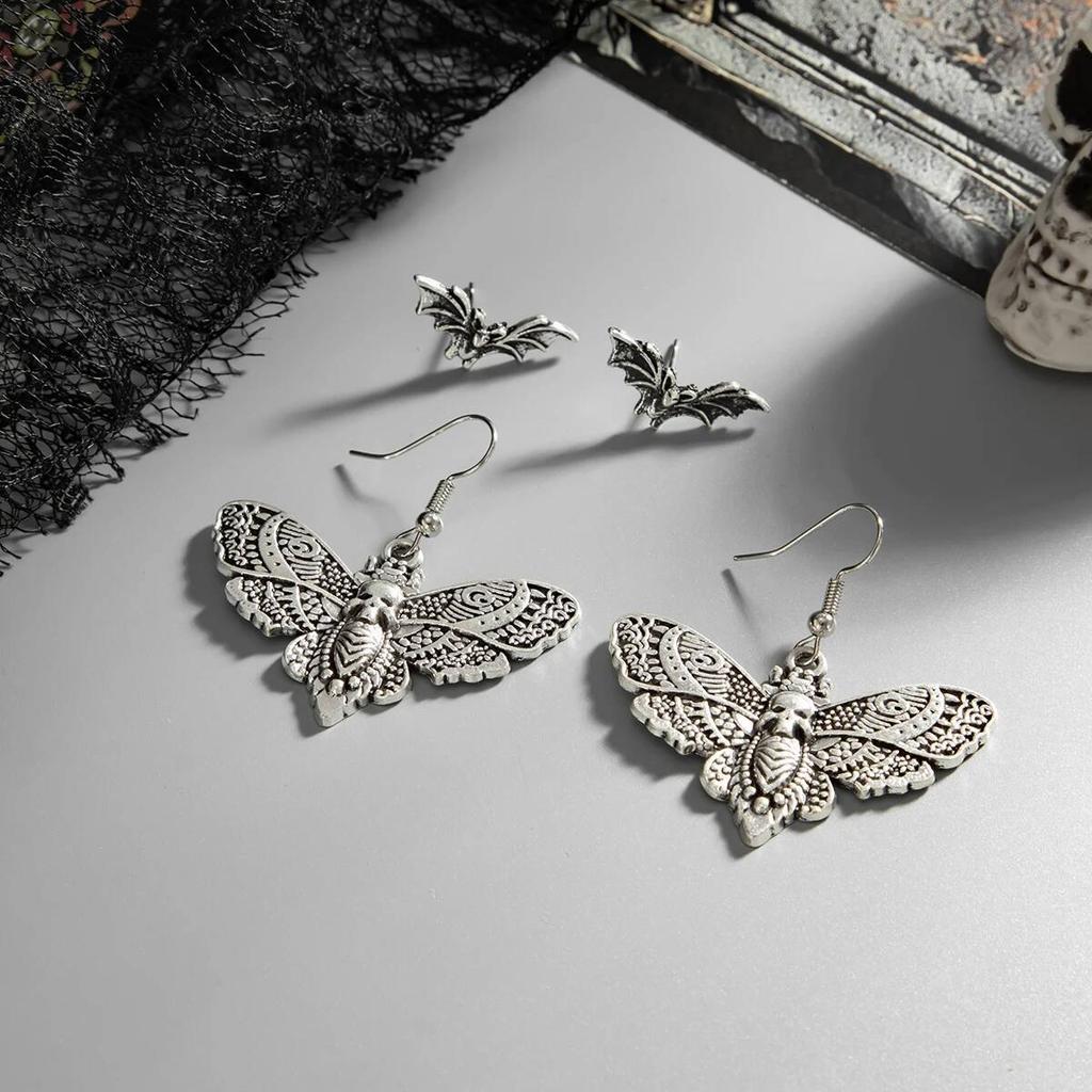 SHIXIN 2 Pair Gothic Moth Bat Skull Pendant Earrings for Women Retro Butterfly Drop Earrings Set Halloween Jewelry Accessories