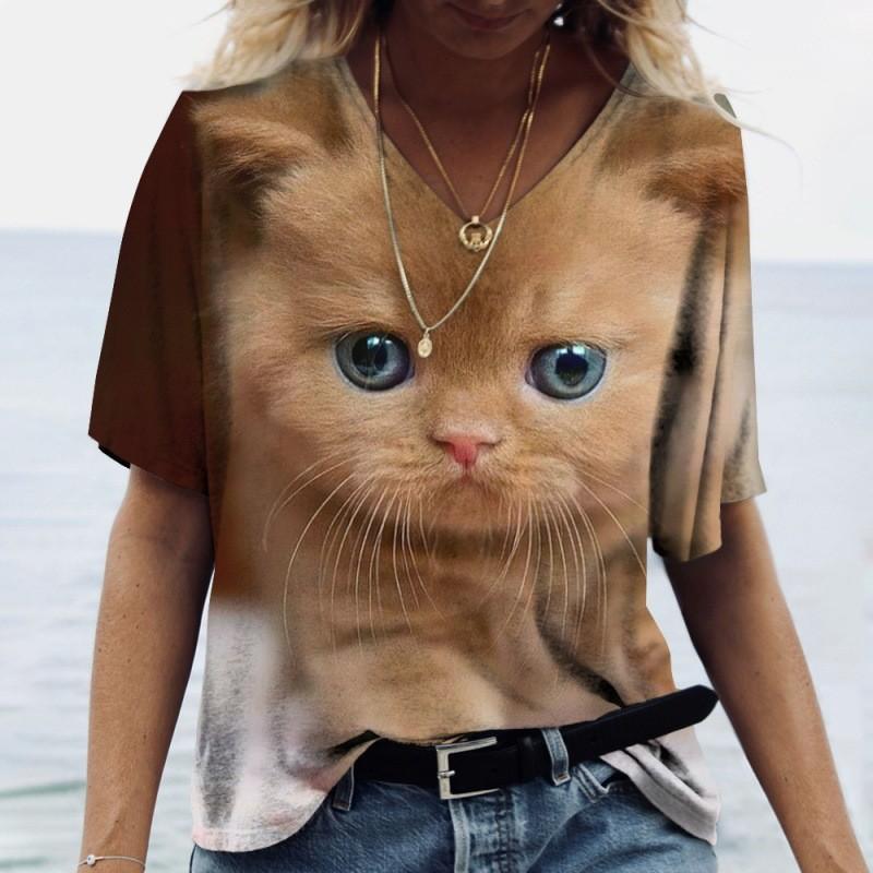 Summer V-neck 3D Kawaii Cat Printed Top Fashionable Casual Short Sleeved Women's T-shirts