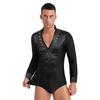 Men's Latin Dance Leotard - Glittery Rhinestones V Neck Long Sleeve Satin Patchwork Bodysuit for Performance