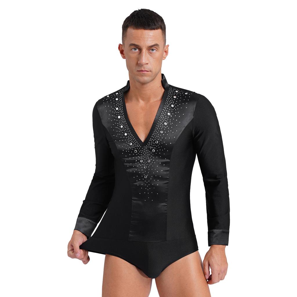 Men's Latin Dance Leotard - Glittery Rhinestones V Neck Long Sleeve Satin Patchwork Bodysuit for Performance