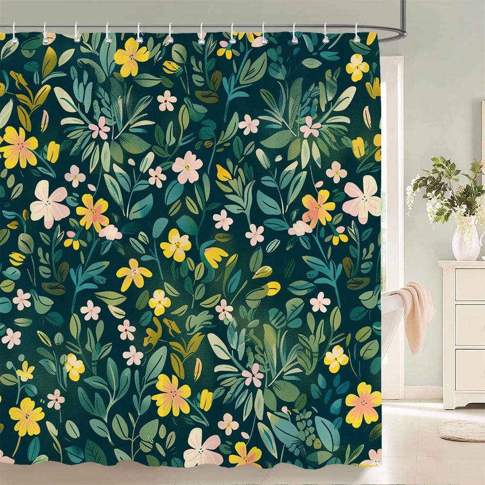 Home Shower Curtains for Bathroom Waterproof Fabric Spring Floral  and Plants Bathroom Curtains with Hooks Decorative Curtain