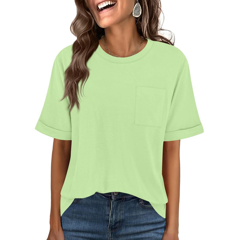 Women Oversized T Shirts Short Sleeve Summer Casual Loose Crewneck Basic Tee with Front Pocket Top