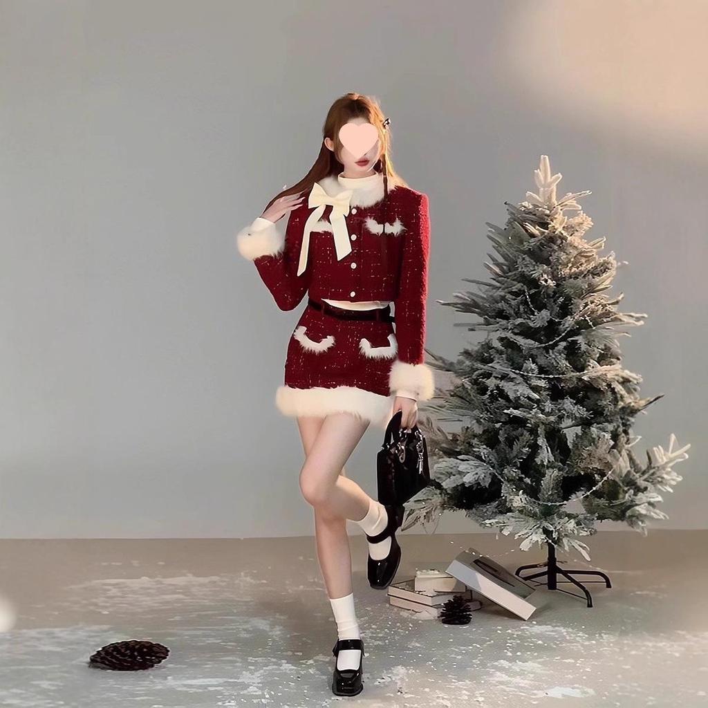 2025 Winter Women's Chic Red Christmas Set: New Year Patchwork Jacket & Skirt