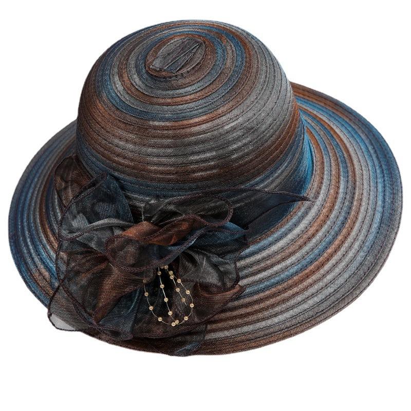 Hat Female Summer Middle-Aged And Elderly Big Eaves Organza Flower Cool Hat Foldable Sunshade Sunscreen Mother Sun Basin Hat