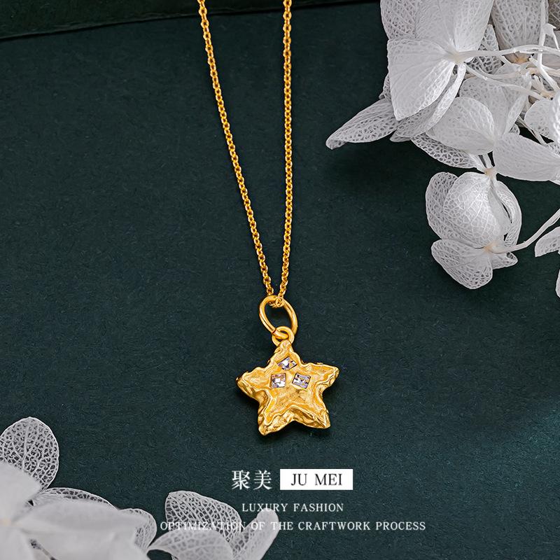 Luxury 24K 9999 Pure Gold real gold Ancient Hammer Star Pendant Women's Five-pointed Star Pendant Necklace