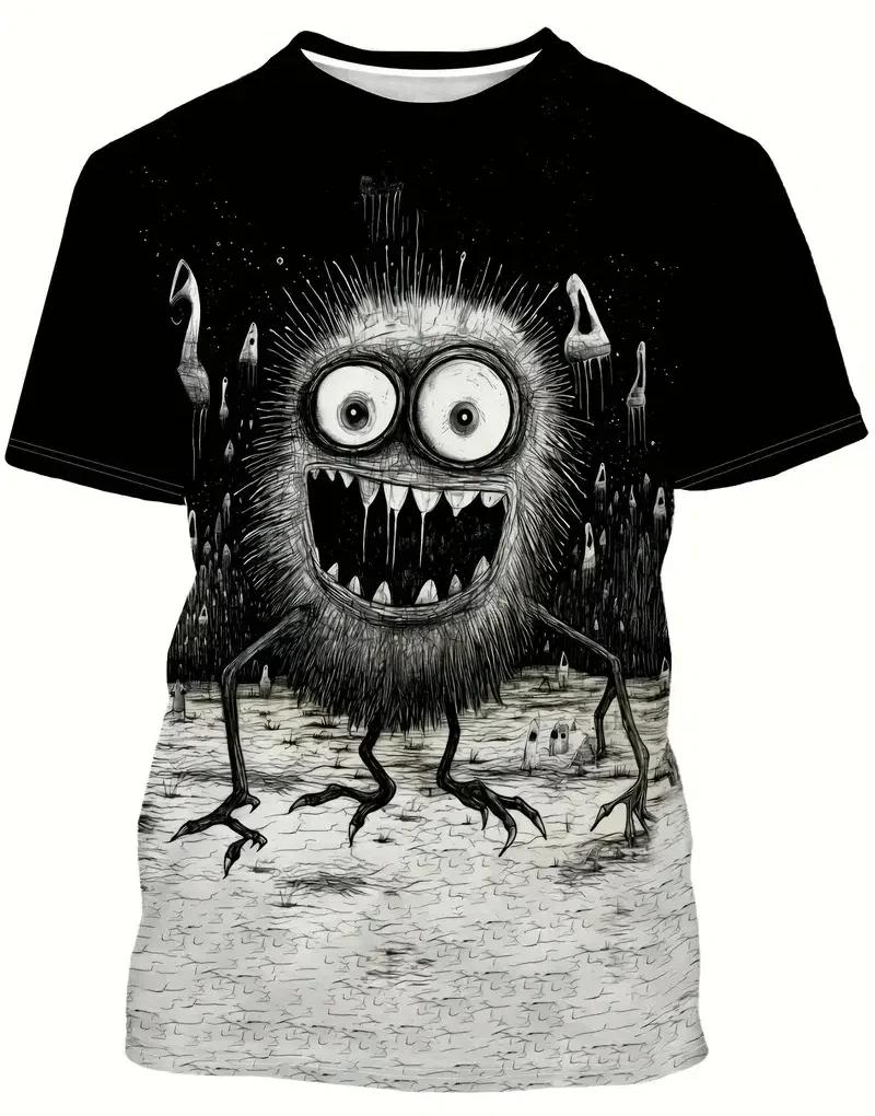 Pánský pulovr se vzorem Monster In Panic 3D s krátkým rukávem a kulatým výstřihem, nadměrné tričko, letní outdoorové streetwearové tričko