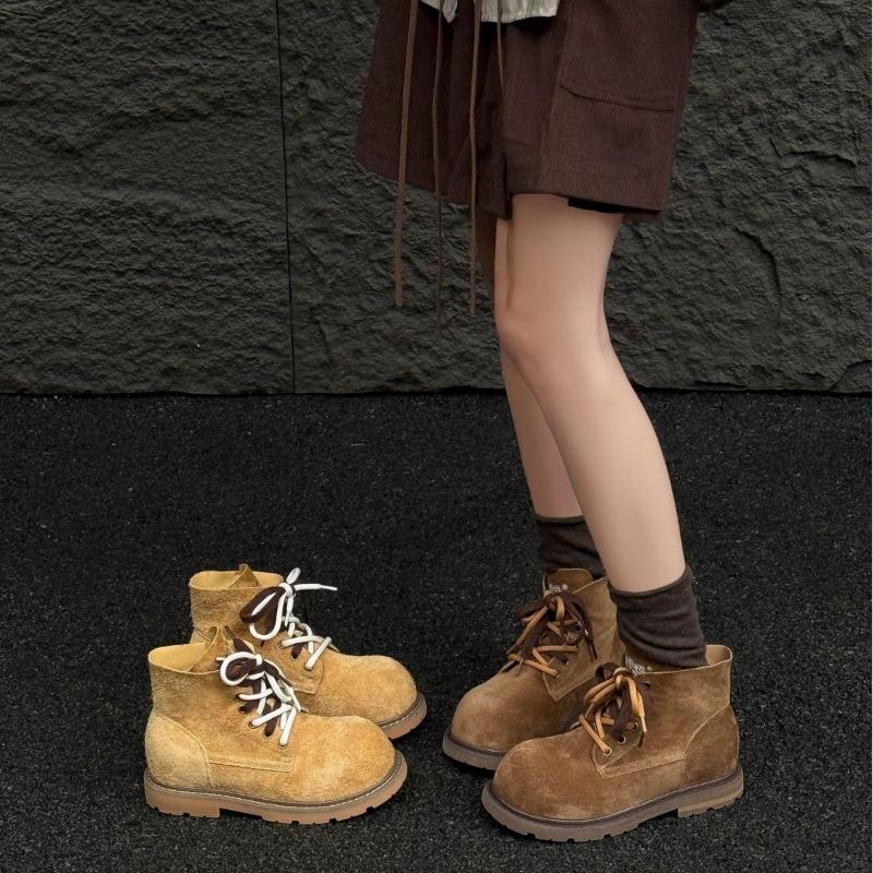 Fashion 2025 Autumn and Winter New High-rise Boots Soft Leather Soft Sole Retro Women's Short Boots Work Boots