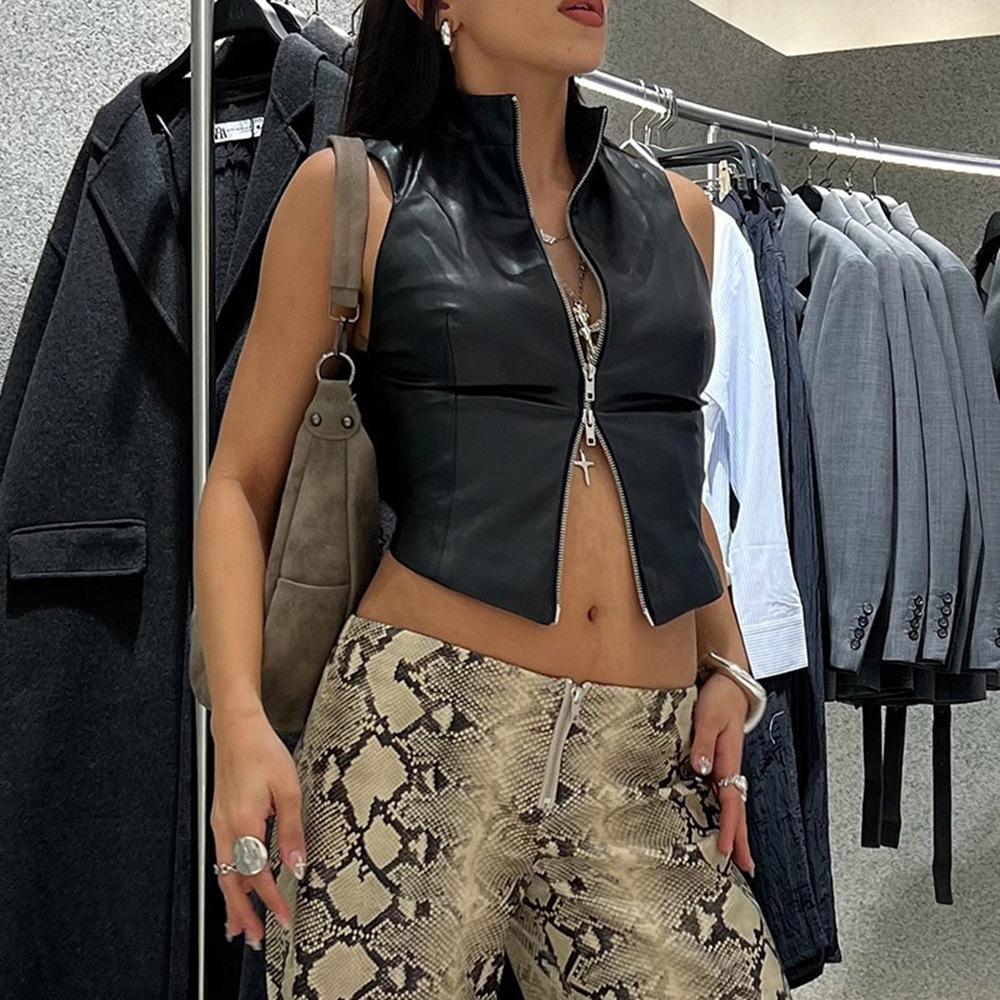 European and American autumn new women's fashionable stand-collar sexy backless slim fit and cropped PU small tank top