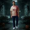 Herren Kurzarm V-Ausschnitt Kasack mit Brusttasche Halloween-Print