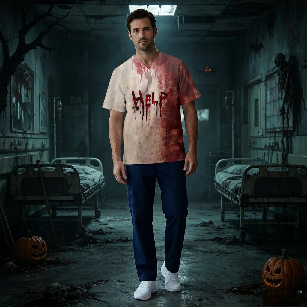 Herren Kurzarm V-Ausschnitt Kasack mit Brusttasche Halloween-Print