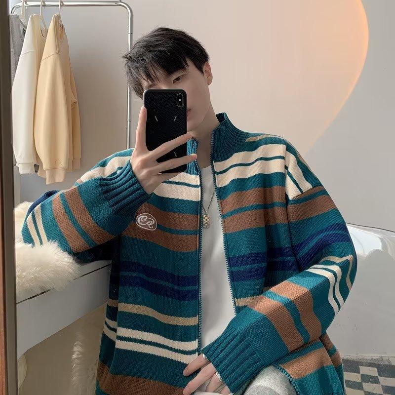 Striped stand-up neck cardigan sweater men's and women's trendy brand couple's knitted sweater loose autumn and winter lazy coat