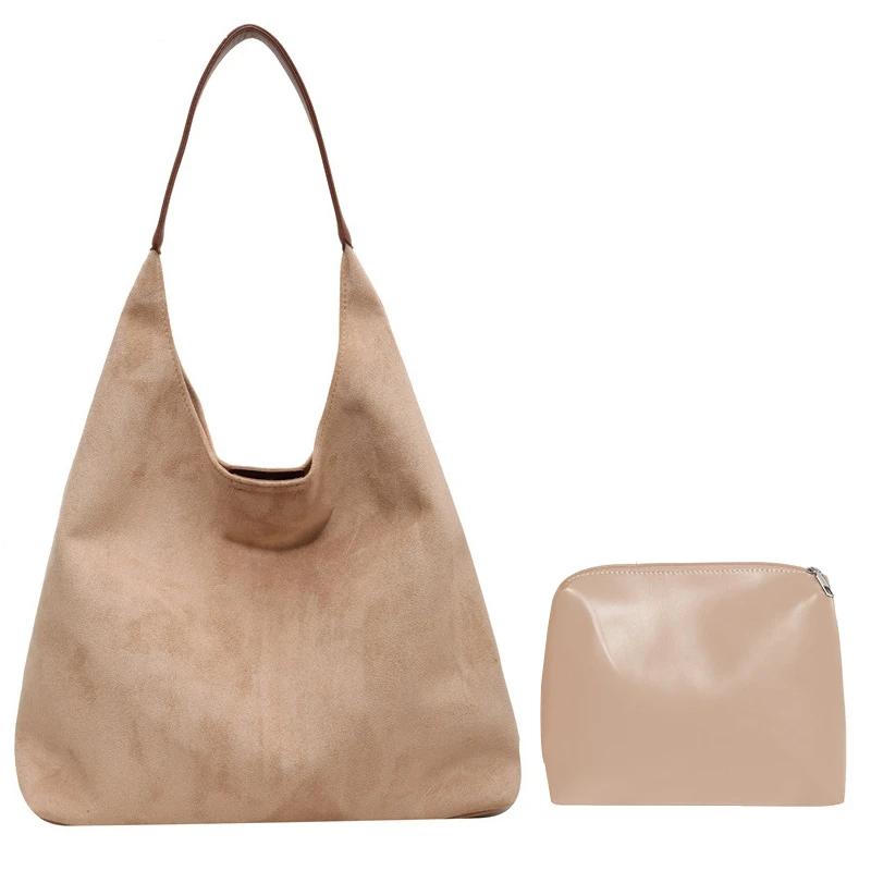 Autumn and Winter Vintage Women's Bag Large Capacity Suede Shoulder Bags Solid Color Simple Casual Commuter Bag Retro Handbag