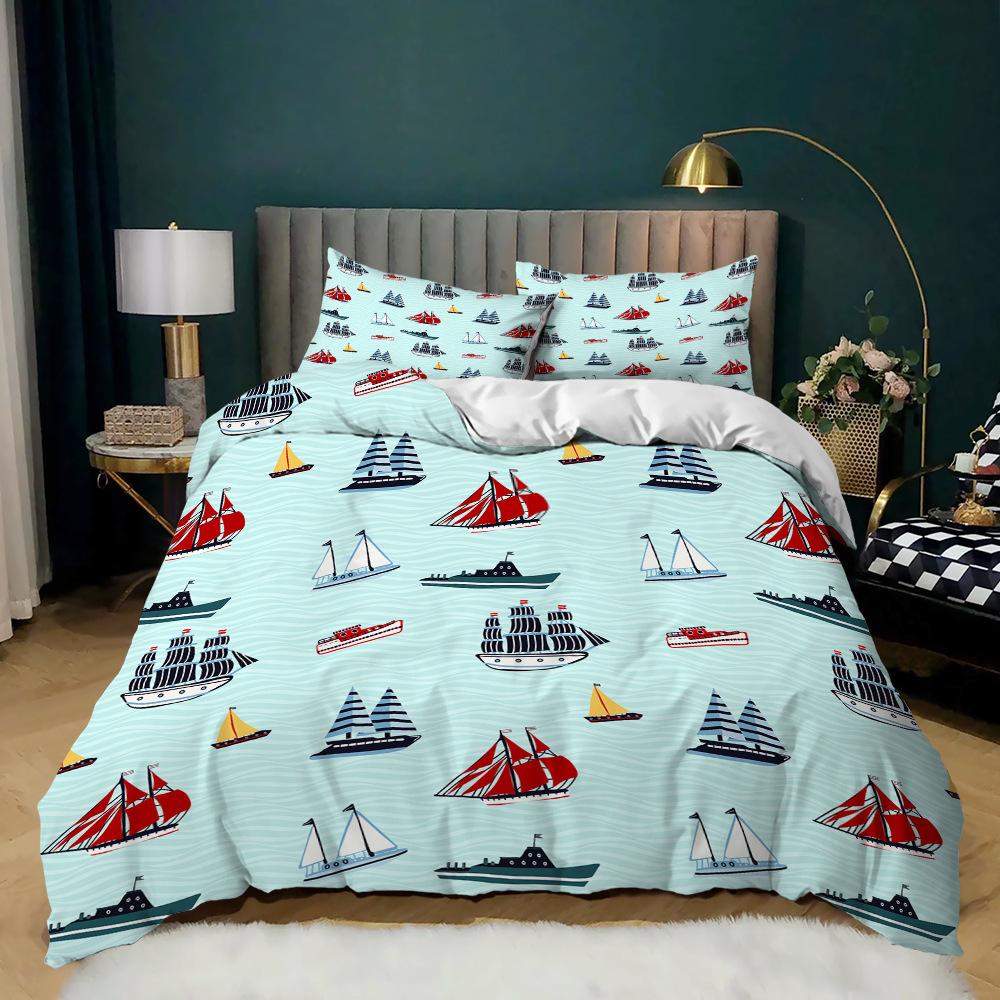 Simple And Fresh Three-Piece Cartoon Sail Kit Quilt Cover Bedding Tide