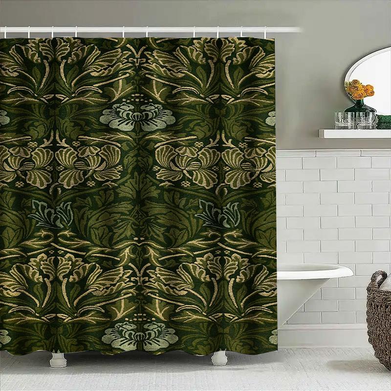 Luxurious Green Damask Shower Curtain Elegant Home Decor For Bathroom Polyester Fabric With Hooks (Size: 72X84)