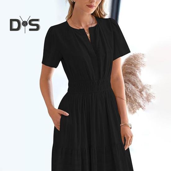 Women's Summer Maxi Dress Casual V-Neck Short Sleeve Tiered Flowy Dress Smocked Waist Pleated Long Dress