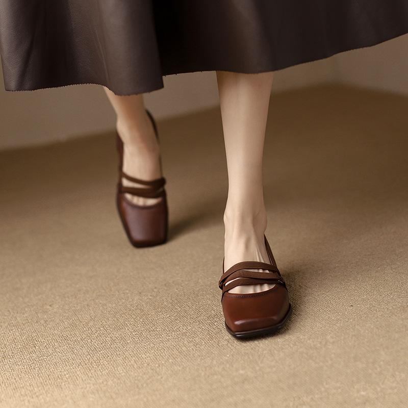 Fashion 2025 New Spring Women Shoes Retro Leather Mid-heel Mary Jane Shoes Square Toe Chunky Heel Women Buckle Pumps