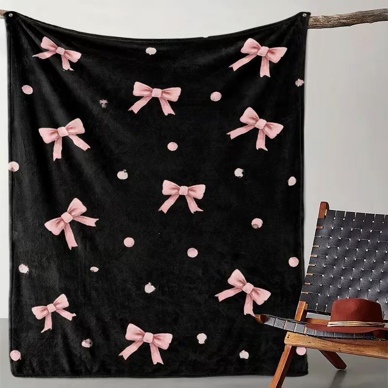 Black Background Pink Bow Polka Dot Print Cozy Blanket for Sofa Bed Couch Sweet Aesthetic Home Decor Nap Travel Blanket