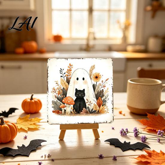 Wooden Ghost Figurine for Shelf Halloween Wood Tabletop Sign with Mini Easel Cute Pumpkin Decorative Signs Autumn Plaque Rustic Ornament Home Decor