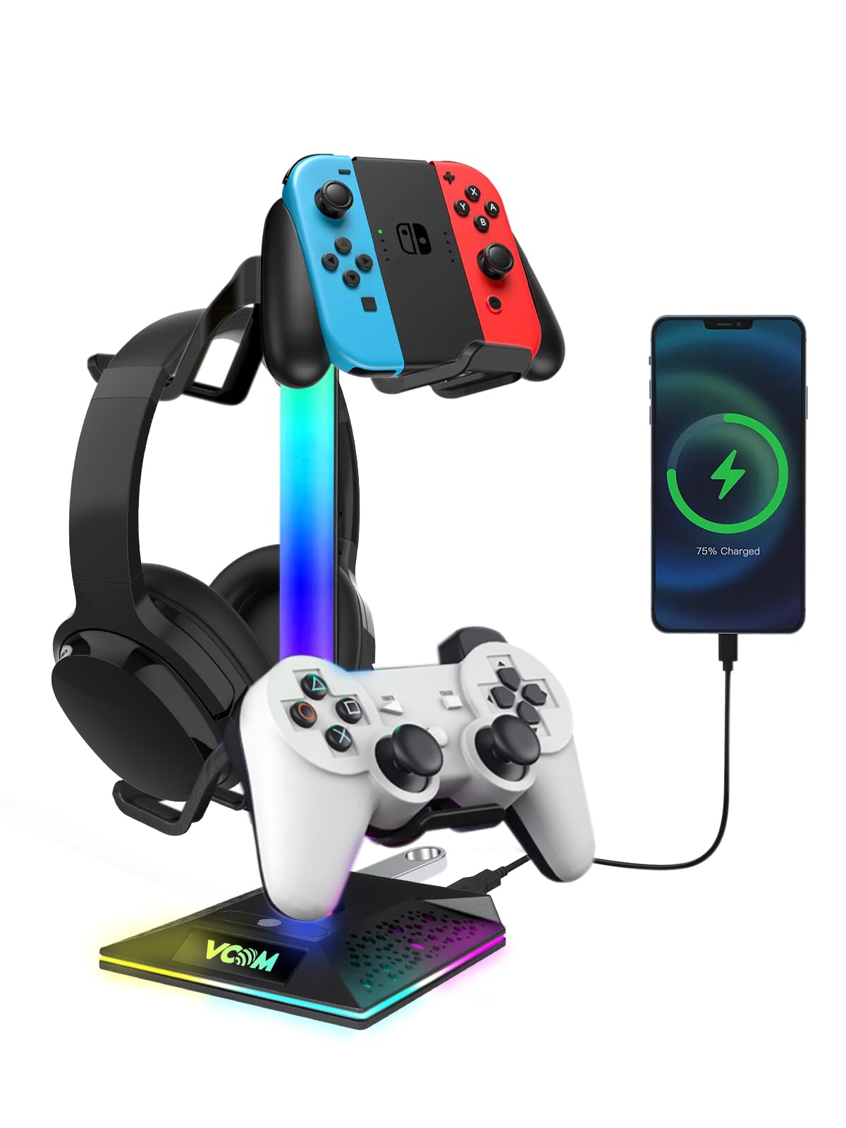 

Multifunctional 7-Color Rechargeable Headphone Stand with 10 RGB Lighting Modes, Desktop VCOM [Gamepad, Game Controller, and Headset] Holder, Storage
