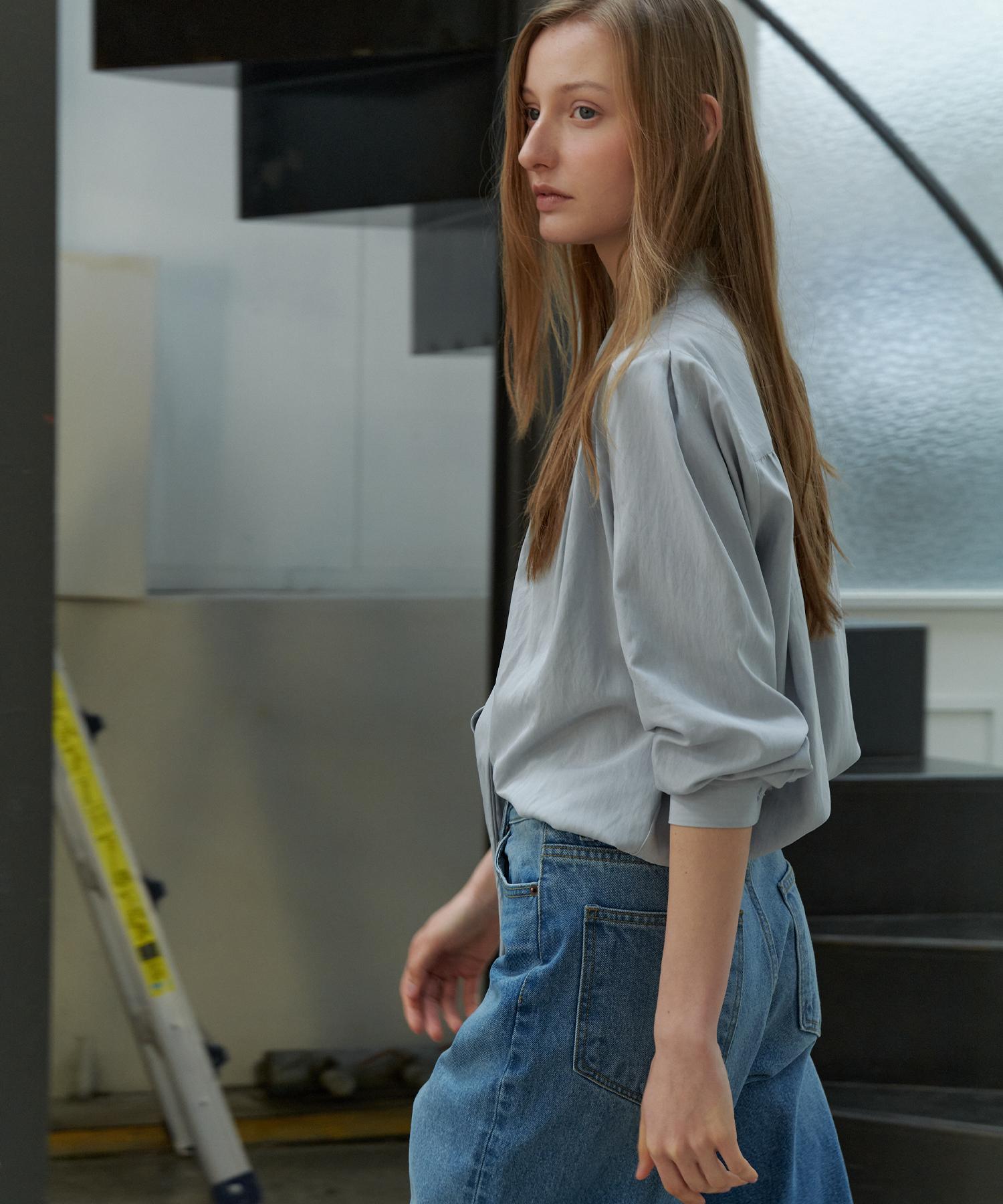 Soire Tie Shirring Pointed Blouse - Blue Free