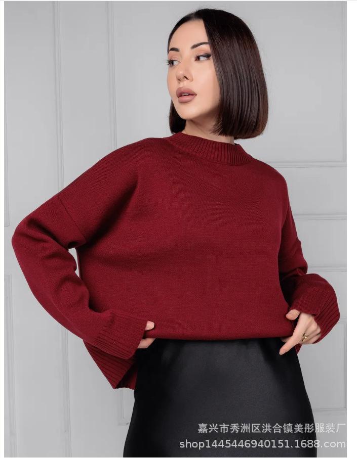 Crew neck sweater women's European, American autumn and winter new solid color versatile casual lazy pullover knitted sweater top