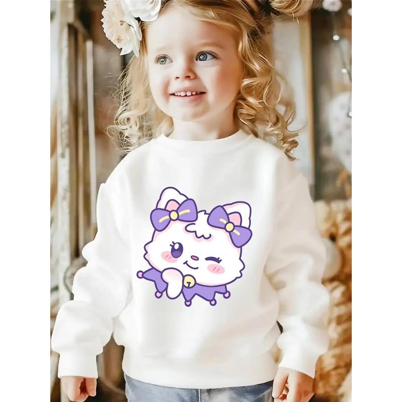 European sizes Kids' Crewneck Sweatshirt | Cute Kitty with Purple Bows and Paws, , Sportswear and Casual Wear, Soft and Comfortable